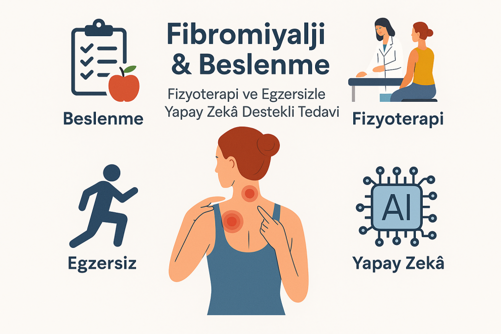 Fibromiyalji, beslenme, egzersiz, fizyoterapi ve yapay zekâ ilişkisini gösteren bütüncül tedavi yaklaşımını simgeleyen bilimsel illüstrasyon.