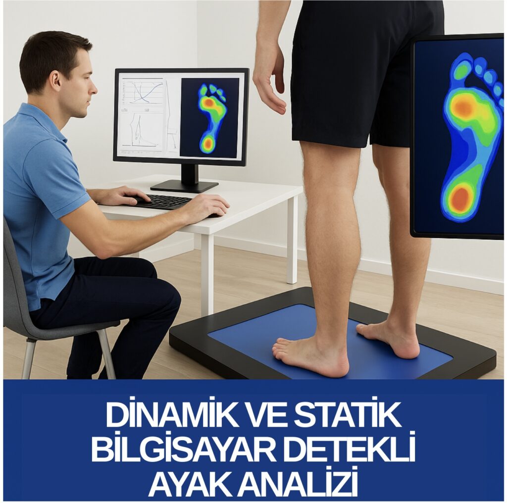 Ataşehir’de kişiye özel ortopedik tabanlık için dinamik ve statik bilgisayar destekli ayak analizi yapılırken fizyoterapist analiz ekranını inceliyor.