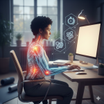 Bu görsel, uzun süre masa başında oturan bir kişinin fasyal sistemindeki gerginliği ve ağrıyı soyut bir şekilde göstererek yazının ana konusunu vurgular. Sağ tarafta görünen ikonlar, fasya sağlığı için önemli olan hareket, akışkanlık ve zaman gibi kavramlara gönderme yapıyor.