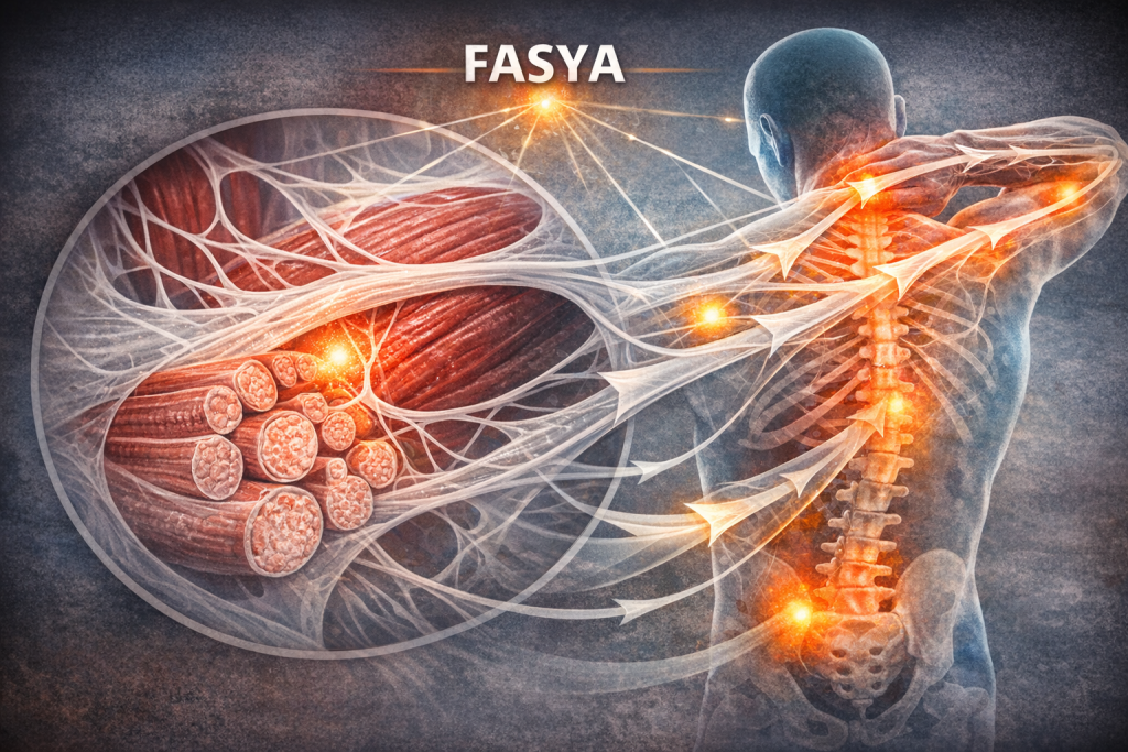 Kas lifleri ile fasya ağının birlikte çalışmasını ve kuvvet iletimini gösteren anatomik illüstrasyon.