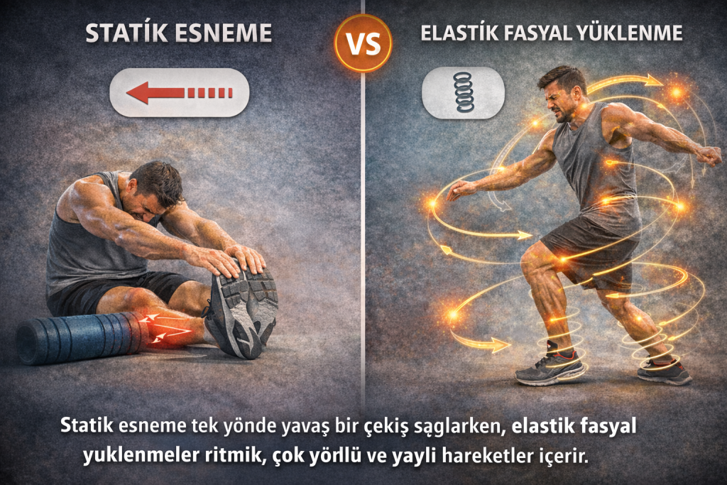 Statik esneme ile elastik fasyal yüklenmenin kas sertliği üzerindeki farklı etkilerini karşılaştıran egzersiz şeması.